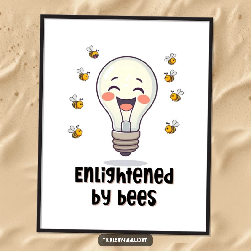 Funny laughing lightbulb juggling tiny buzzing bees, presented as an instant digital art print for humorous decor.