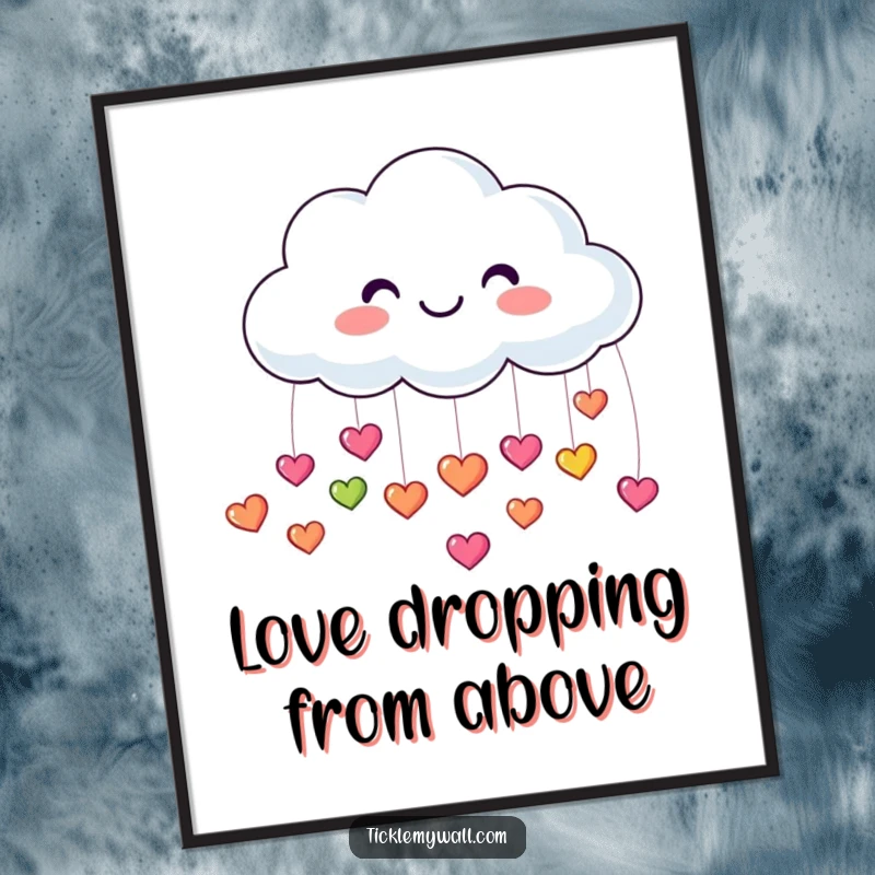 Funny digital art print of a smiling cloud raining tiny, colorful, bouncing hearts, instantly downloadable cheerful decor.