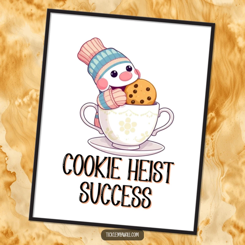 Funny digital art print of a mischievous sock puppet stealing a cookie from a surprised teacup, instantly downloadable humorous decor.