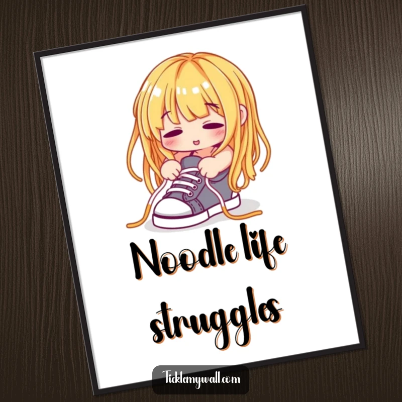 Funny Spaghetti Noodle Digital Art Print, a spaghetti strand hilariously trying to tie shoelaces, humorous wall art.