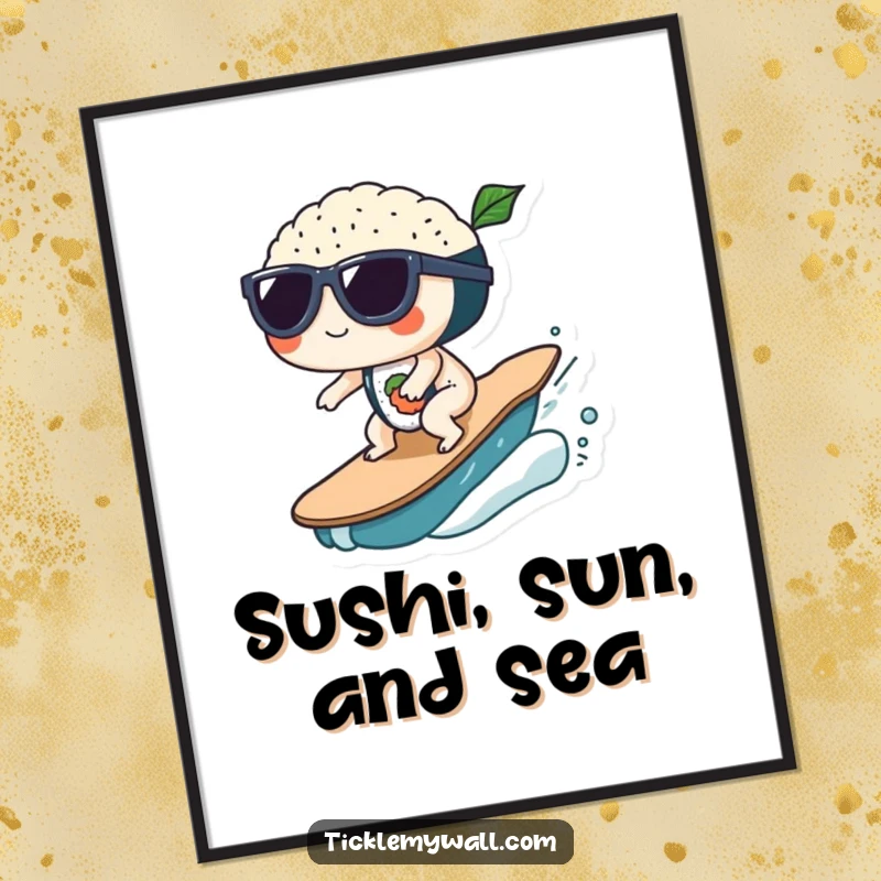 Funny Sushi Wave Sunglasses Digital Art Print: Sushi wearing sunglasses surfs a wave, instant funny decor.
