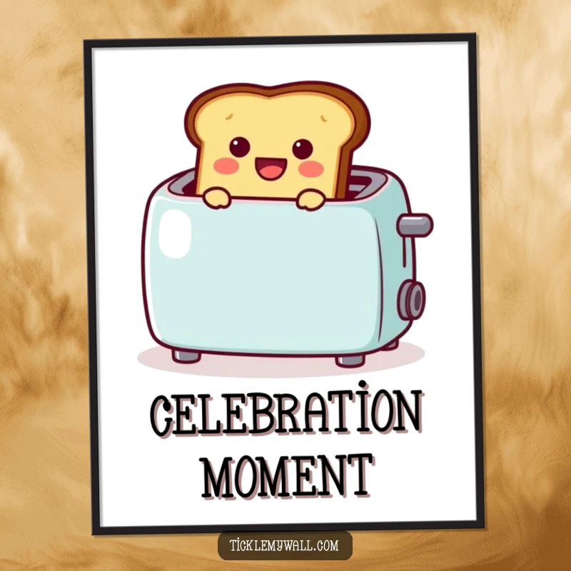 Funny toast digital art print popping from a toaster with a 🎉, creating a vibrant and cheerful wall decoration, a perfect funny gift.