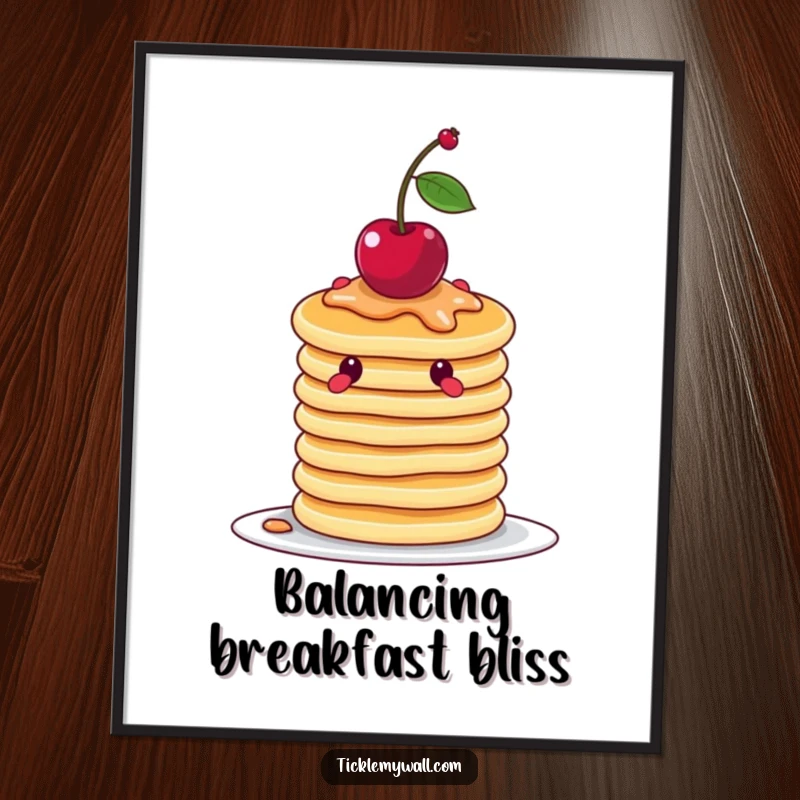 Funny wobbly stack of pancakes attempting to balance a cherry, as a downloadable digital art print for humorous decor.