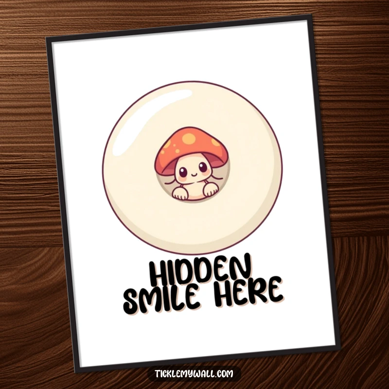 Funny shy mushroom peeking from behind a giant smiling button, presented as an instant digital art print for humorous decor.