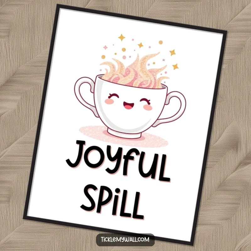 Funny teacup digital art, printable of a cup overflowing with glitter, spilling gleefully, celebration of sparkle.