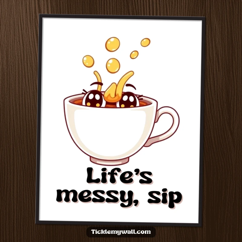 Funny joyful teacup with eyes spilling tea dramatically on a printable digital art file.