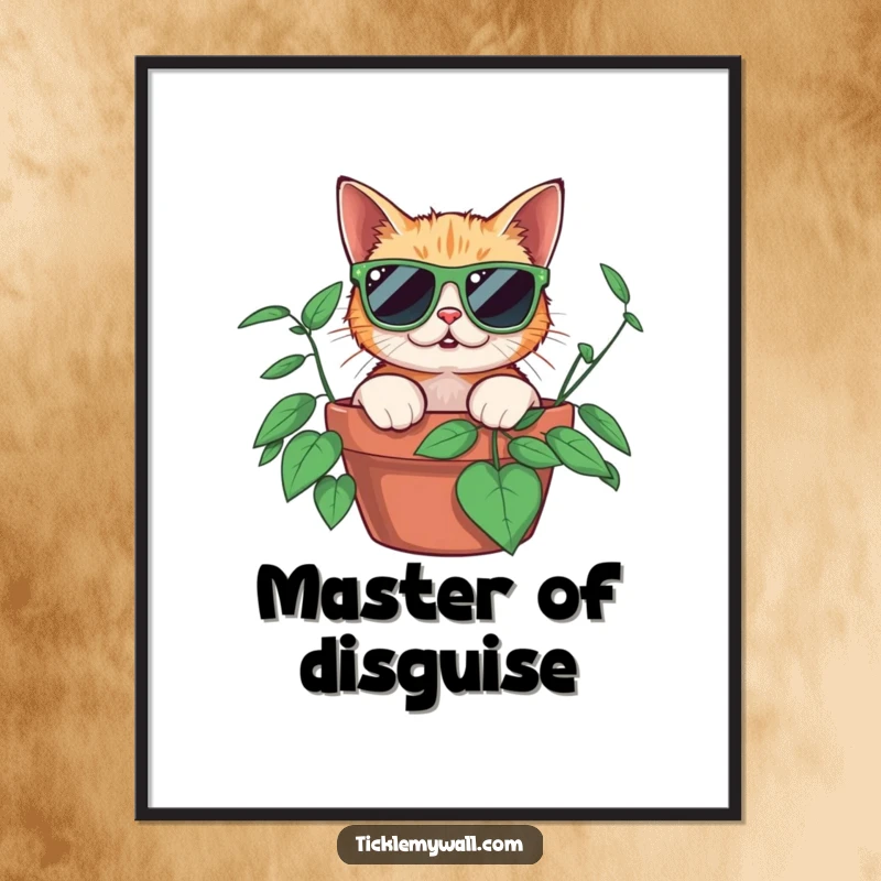 Funny surprised cat wearing oversized sunglasses peeking from a potted plant, as a downloadable digital art print for humorous decor.