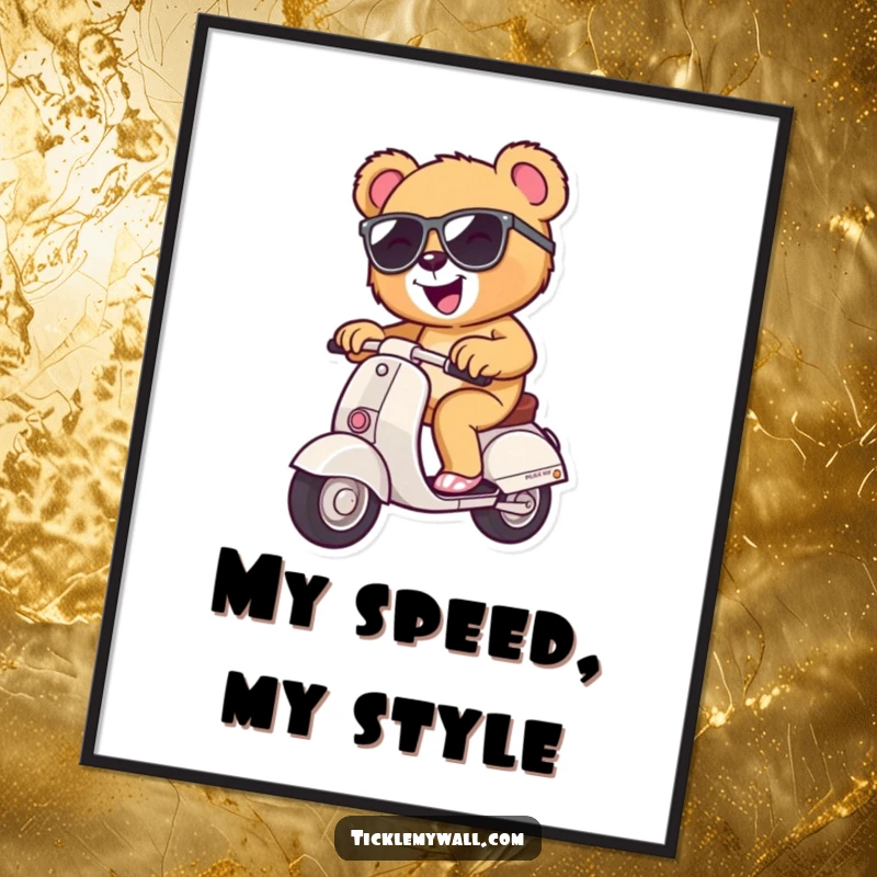 Funny teddy bear wearing sunglasses, riding a tiny scooter, high-resolution digital art print for instant download and display.