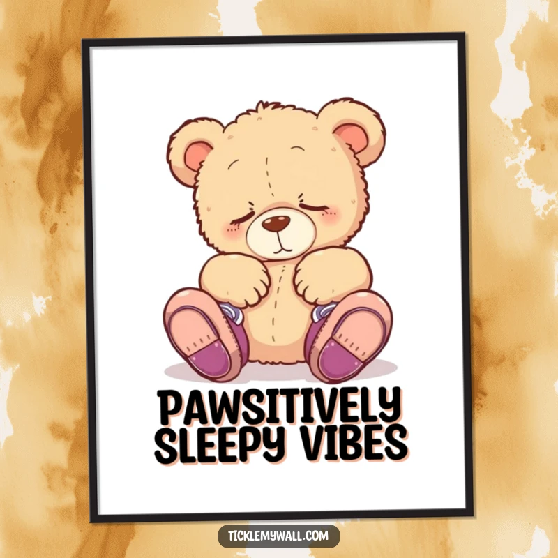 Funny sleepy teddy bear digital art print showing the bear hilariously wearing shoes on its paws, a cute and humorous illustration.
