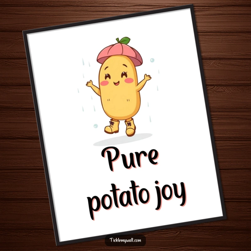 Funny Dancing Potato Boots Rain Digital Art Print: A joyful potato in boots dances in rain, instant funny art.