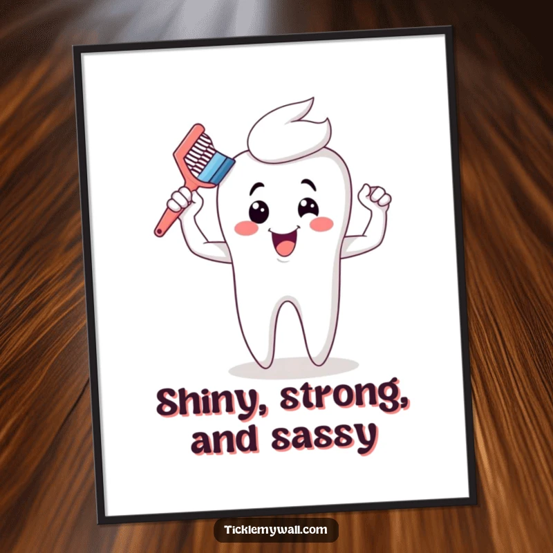 Funny toothbrush flexing cartoon muscles digitally rendered, celebrating dental victory over a giant tooth, perfect for printable wall art.