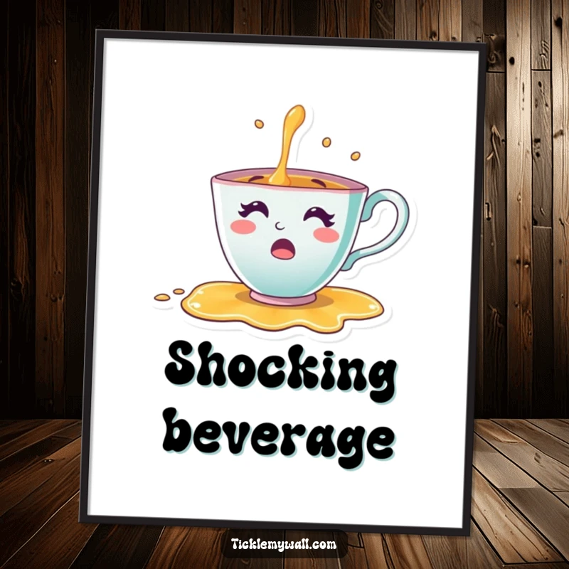 Funny Teacup Digital Art Print of a cheerful teacup character comically spilling its tea in a moment of surprise, instant wall art.