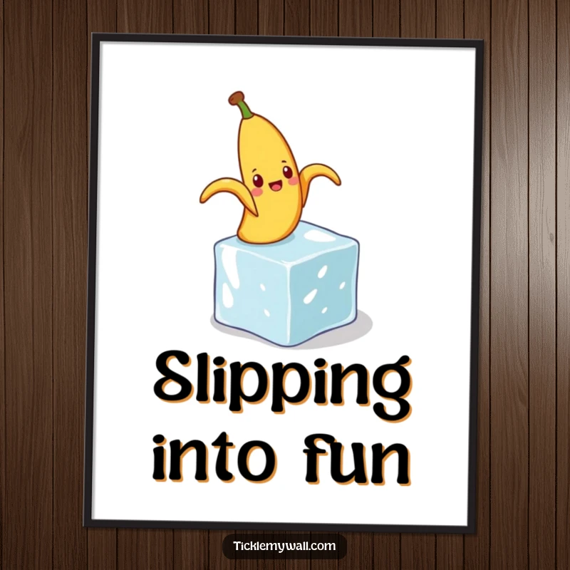 Funny digital art print of a banana peel hilariously slipping on a tiny ice cube, a classic slapstick comedy image.