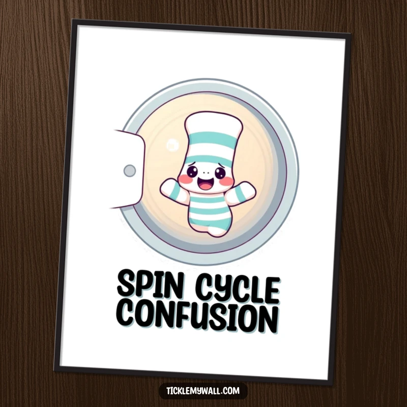 Funny sock digital art print of a confused sock and sock puppet spinning in a dryer, perfect for humorous wall decor.