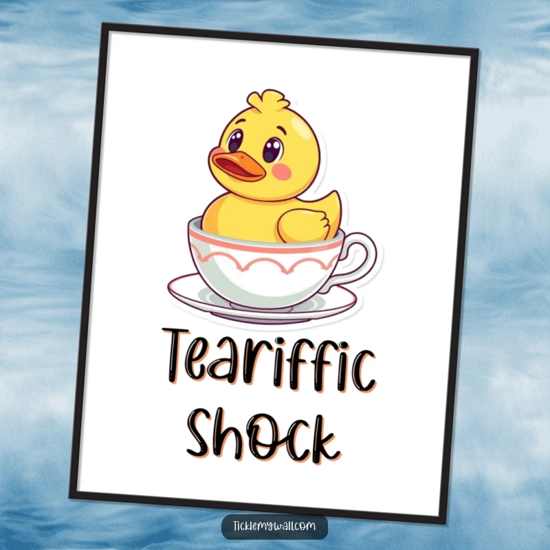 Funny Rubber Ducky Teacup Digital Art Print: A surprised rubber ducky floating in a teacup, humorous and cute artwork.