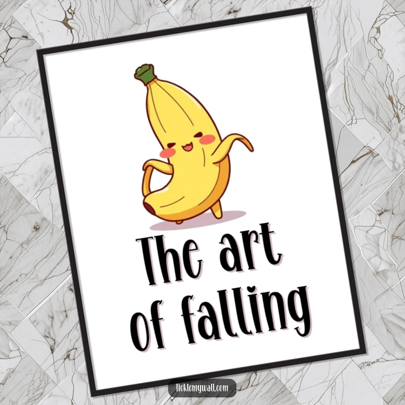Funny Banana Peel Slip Digital Art Print: A blushing banana peel character comically slipping, creating instant humorous digital art.