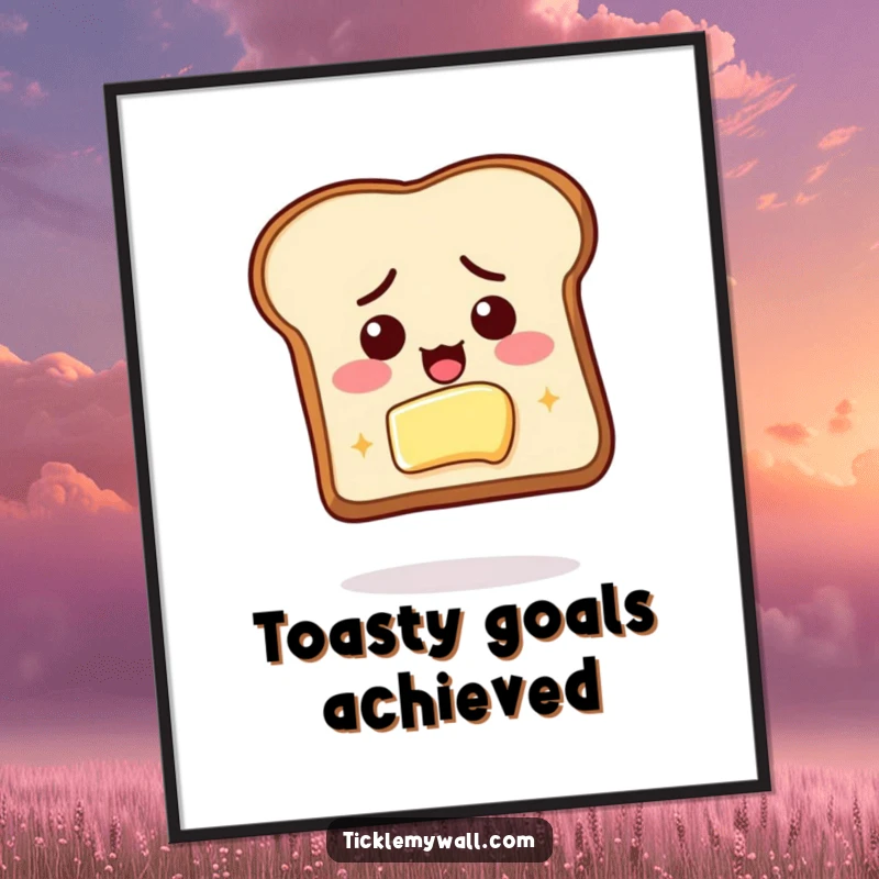 Funny digital art print of determined toast reaching for butter, perfect for motivational and humorous wall decor.