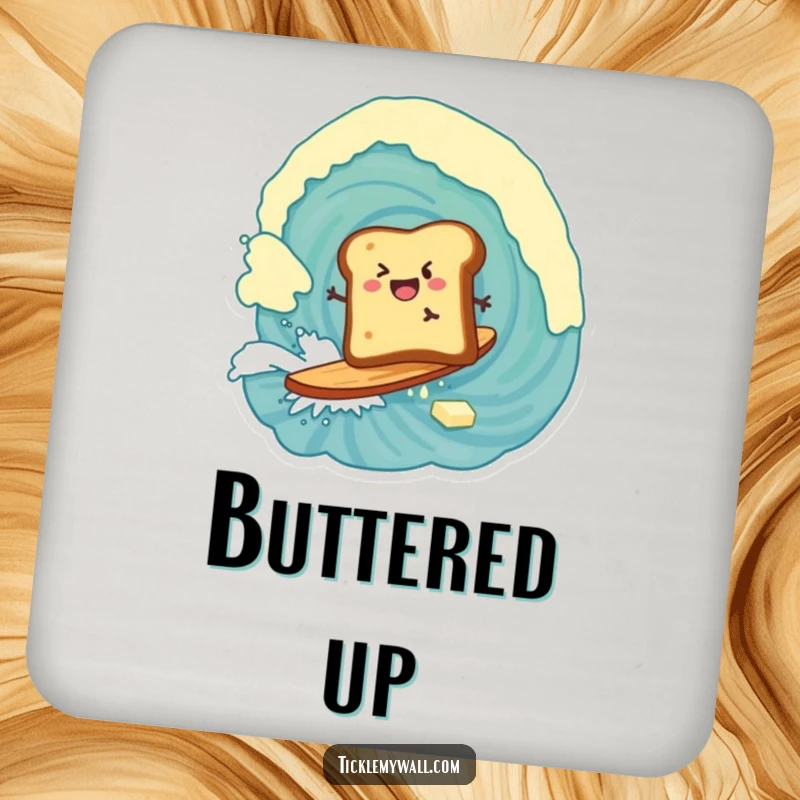 Funny drink coaster showing a piece of toast surfing a giant wave of butter, a humorous breakfast accessory.