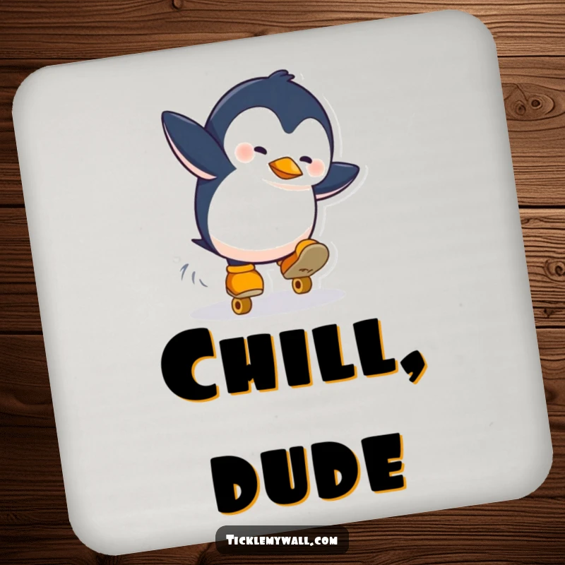 Funny drink coaster showing a penguin falling off roller skates. A humorous and protective accessory for any surface.