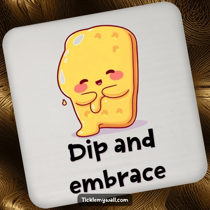 Funny coaster featuring a melted cheese blob hugging a giant cracker, adding cheesy charm to tabletops.