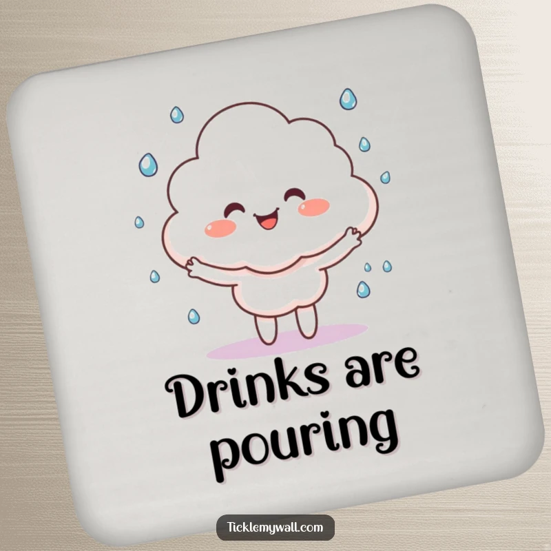 Funny happy cloud character juggling tiny raindrops, on a decorative and humorous drink coaster.
