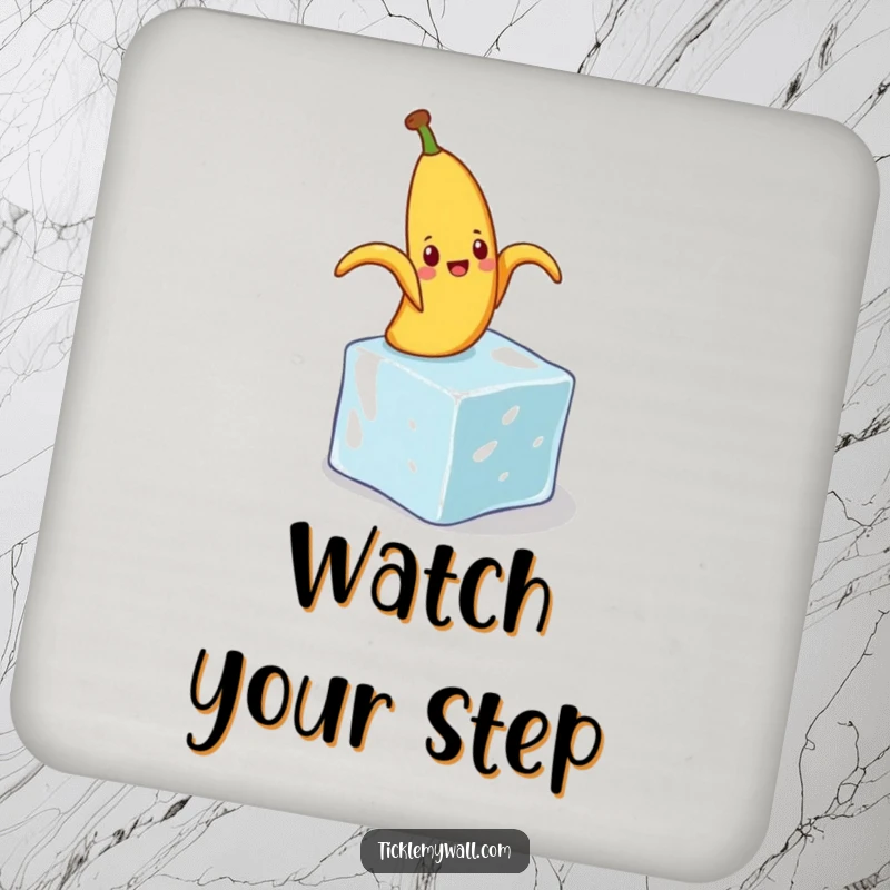 Funny drink coaster with a banana peel comically slipping on a tiny ice cube, protecting surfaces with humor.