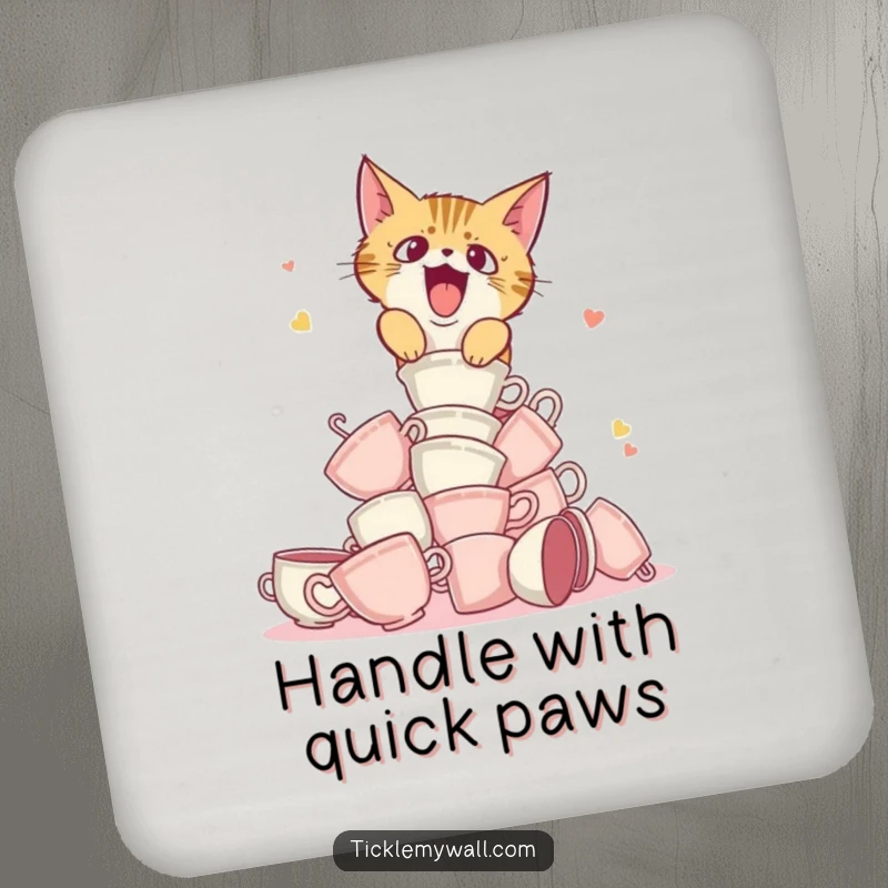 Funny drink coasters depicting a startled cat knocking over teacups, protecting surfaces with a smile.