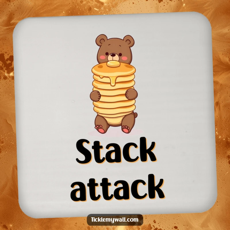 Funny drink coaster showing a clumsy bear comically attempting to balance a wobbly stack of three pancakes. Protects surfaces with breakfast humor.