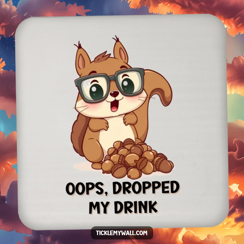 Funny coasters set with a surprised squirrel wearing oversized glasses dropping acorns, protecting tables.
