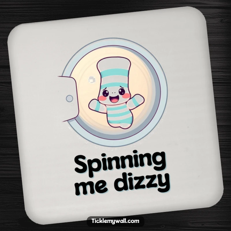 Funny sock coasters set showing a confused sock and sock puppet in a dryer, protecting surfaces with humor.