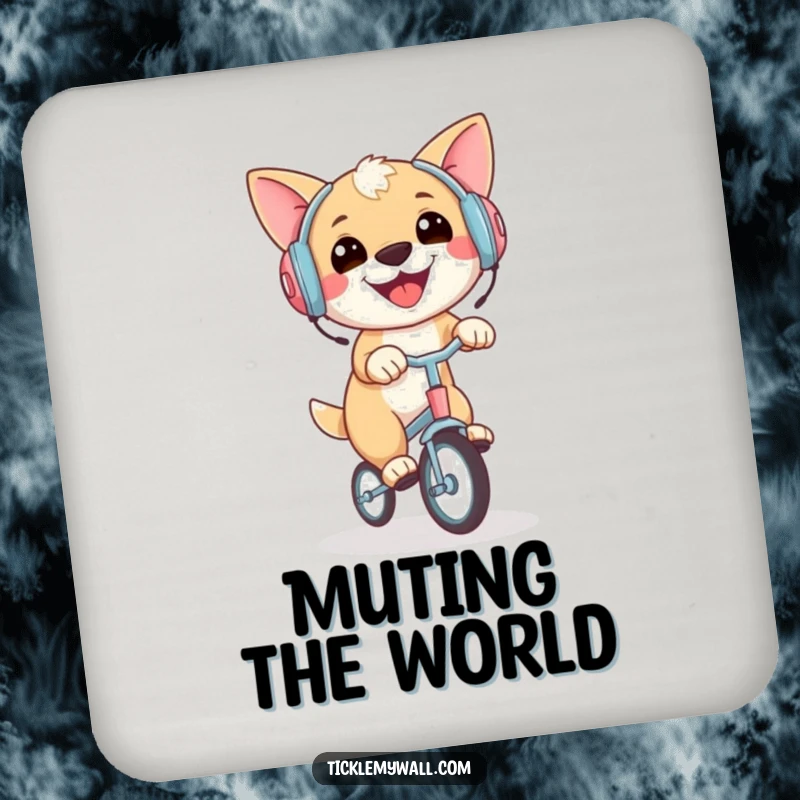 Funny drink coaster with a happy dog wearing earmuffs, riding a miniature unicycle, protecting surfaces with humor.