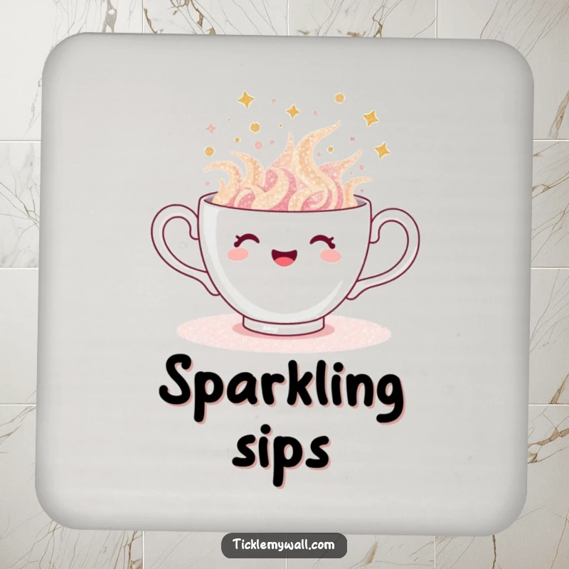 Funny teacup coaster, drink accessory with a teacup overflowing with glitter, spilling gleefully, protects surfaces.