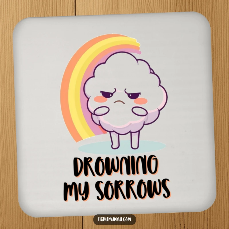 Funny Coaster: A grumpy cloud character trying to hug a rainbow, protecting surfaces with comical charm.