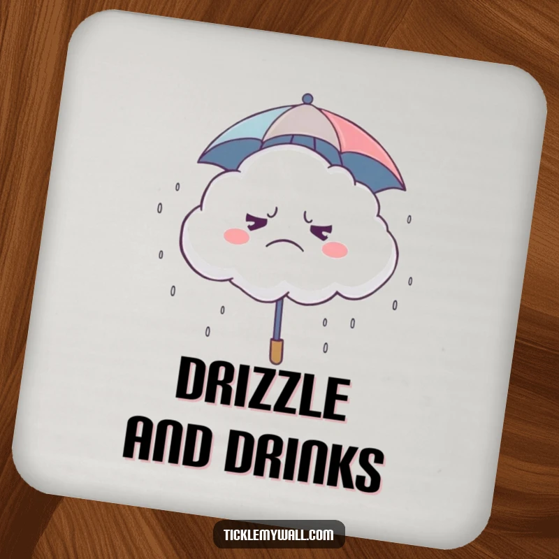 Funny Grumpy Cloud Coaster, a grumpy cloud under a tiny umbrella, raining giggles, protecting surfaces with humor.