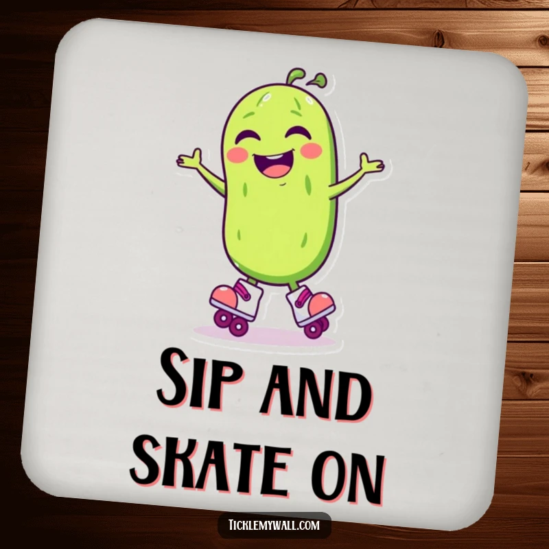 Funny Laughing Pickle Roller Skate Coaster: Laughing pickle spins on skates, a funny coaster.