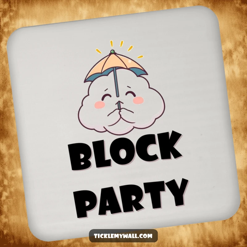 Funny drink coaster featuring a nervous cloud with a tiny umbrella, comically trying to block a single sunbeam. Protects surfaces with humor.