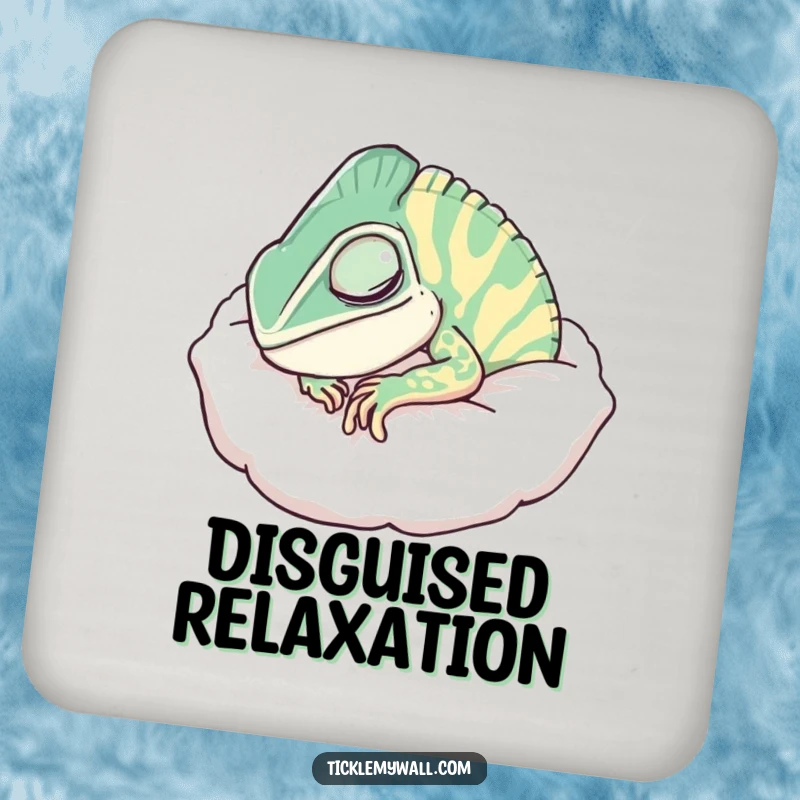 Funny Chameleon Pillow Coaster, a chameleon camouflaged as a pillow, snoring, protecting surfaces with humor.