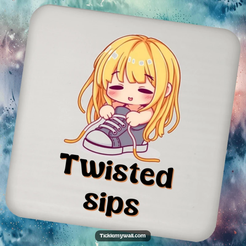 Funny Spaghetti Noodle Coaster, a spaghetti noodle hilariously trying to tie shoelaces, protecting surfaces with humor.