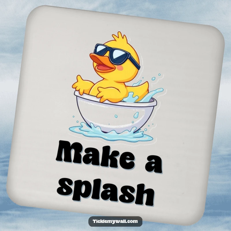 Funny rubber duck wearing sunglasses, launching from a bathtub splash, a humorous and functional drink coaster.
