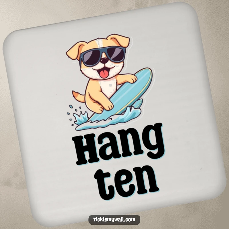 Funny drink coaster showing a dog wearing sunglasses, attempting to surf. A humorous and protective accessory for any surface.