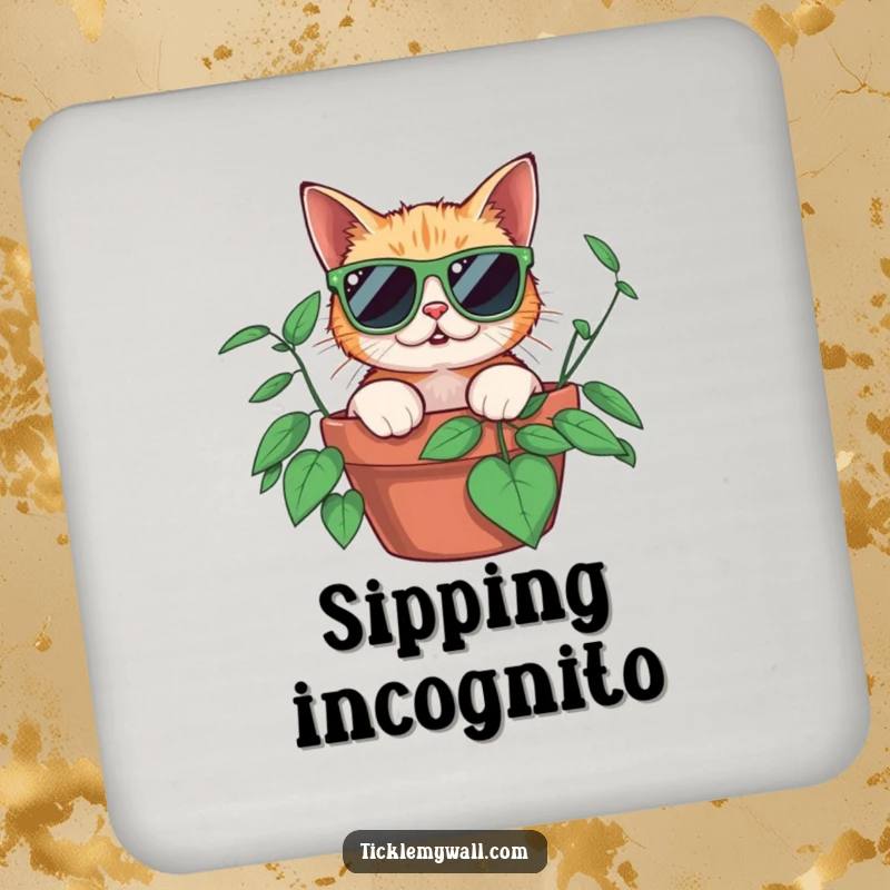 Funny surprised cat wearing oversized sunglasses peeking from a potted plant, on a decorative and humorous drink coaster.