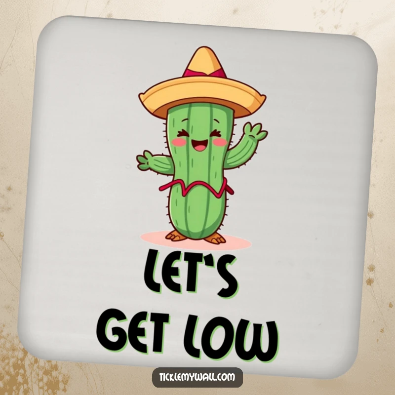 Funny Limbo Cactus Coaster: A cheerful cactus wearing a sombrero limboing, humorously protecting surfaces.