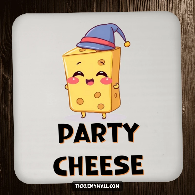 Funny Cheese Coaster depicting a giggling slice of cheese playfully attempting to wear a tiny hat, protecting surfaces with humor.
