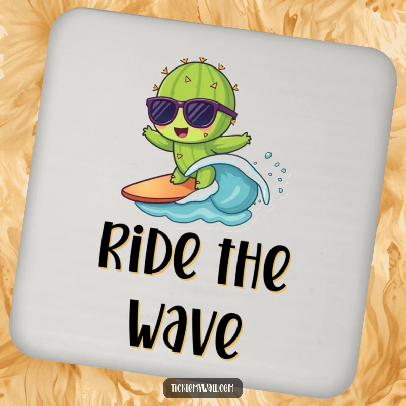 Funny drink coaster featuring a cactus with sunglasses surfing a small wave, a cool and humorous surface protector.