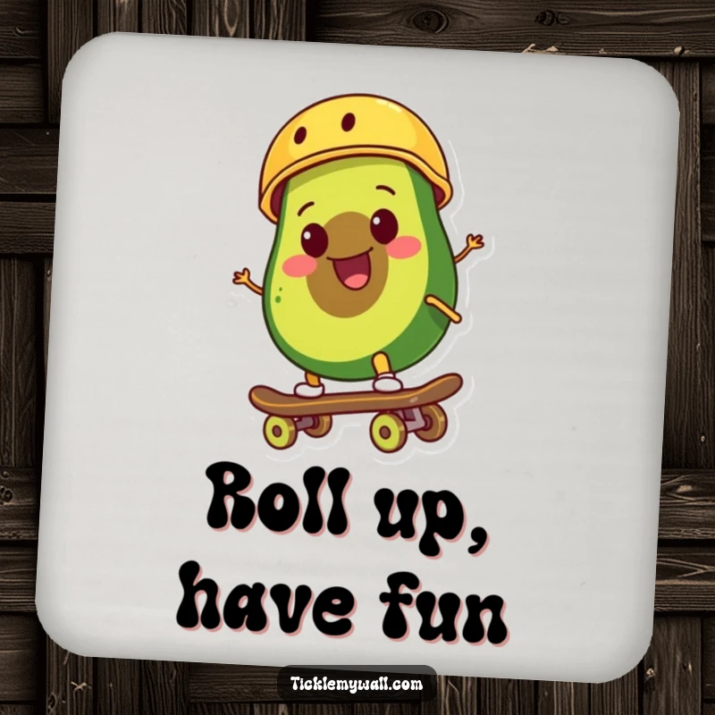 Funny smiling avocado wearing a tiny helmet rides a skateboard with a cool, determined expression on a protective drink coaster.