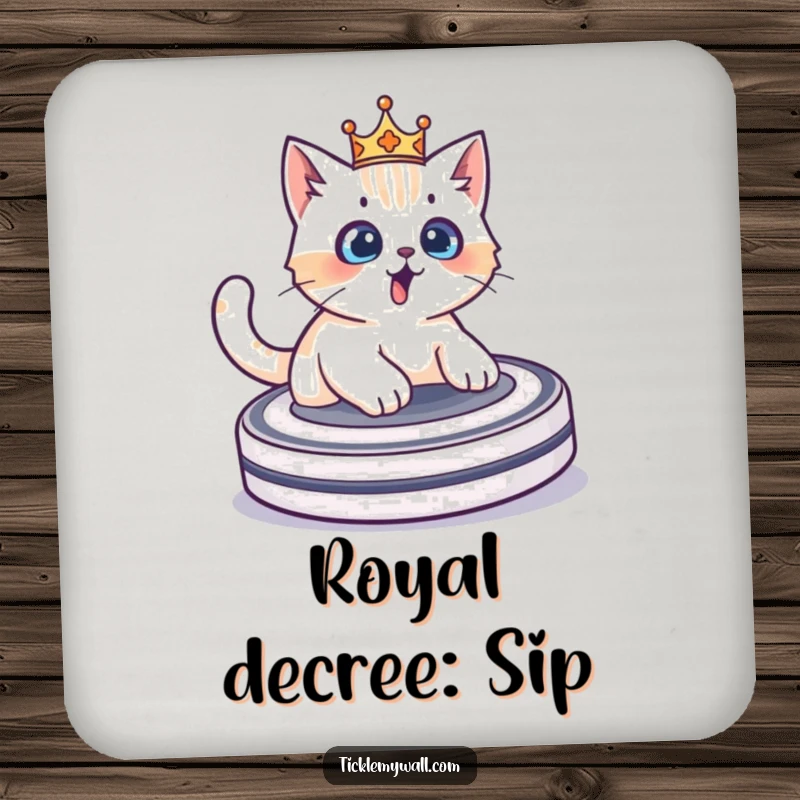 Funny surprised cat wearing a crown riding a Roomba, a humorous and protective drink coaster for tables.