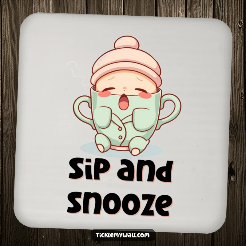 Funny drink coaster with a sleepy teacup wearing pajamas and yawning steam, perfect for a calm setting.