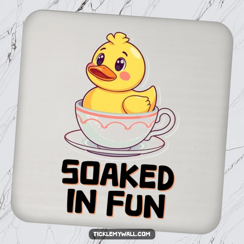 Funny Rubber Ducky Teacup Coaster: A surprised rubber ducky floating in a teacup, humorously protecting surfaces.