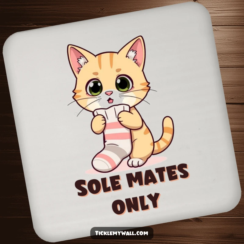 Funny drink coasters featuring a surprised cat hilariously trying to wear a tiny sock, adding humor and protection.