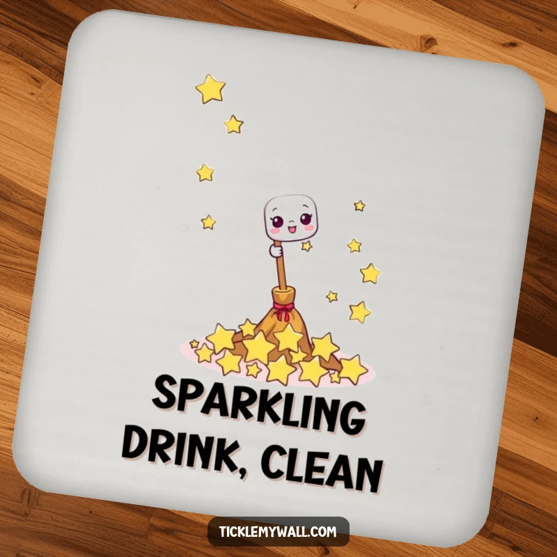 Funny drink coaster with a happy broom whisking away giggling stars, offering surface protection with a touch of whimsical magic.